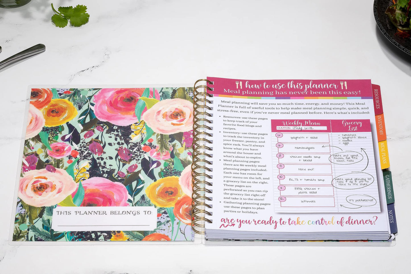 Large Meal Prep Planner, Spiral, Pull-off Grocery Shopping Lists, Kitchen Management, Tabbed Dividers, Laminated Covers, Easy Organizing, Avoid Food Waste, Folder Pockets, Covers a full Year - Eccolo