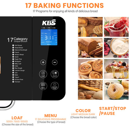 KBS 17-in-1 Bread Maker-Dual Heaters, 710W Machine Stainless Steel with Gluten-Free, Dough Maker,Jam,Yogurt PROG, Auto Nut Dispenser,Ceramic Pan& Touch Panel, 3 Loaf Sizes 3 Crust Colors,Recipes