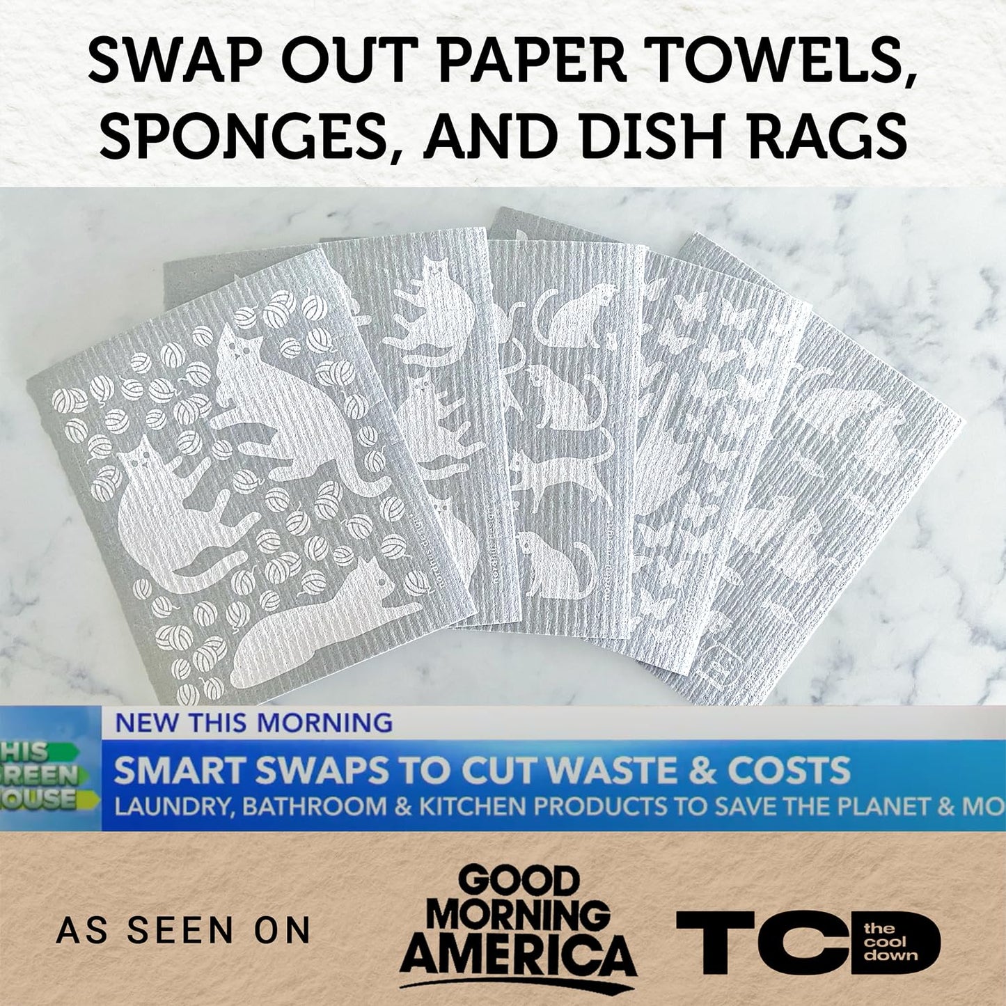 Nordhus Design Swedish Dishcloths, 5 Cat Cloths, Made in Sweden - Reusable, Washable Cellulose Cotton Kitchen Cloths - Replace Paper Towels, Wipes, Sponges, Dish Rags