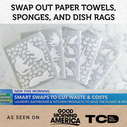 Nordhus Design Swedish Dishcloths, 5 Cat Cloths, Made in Sweden - Reusable, Washable Cellulose Cotton Kitchen Cloths - Replace Paper Towels, Wipes, Sponges, Dish Rags