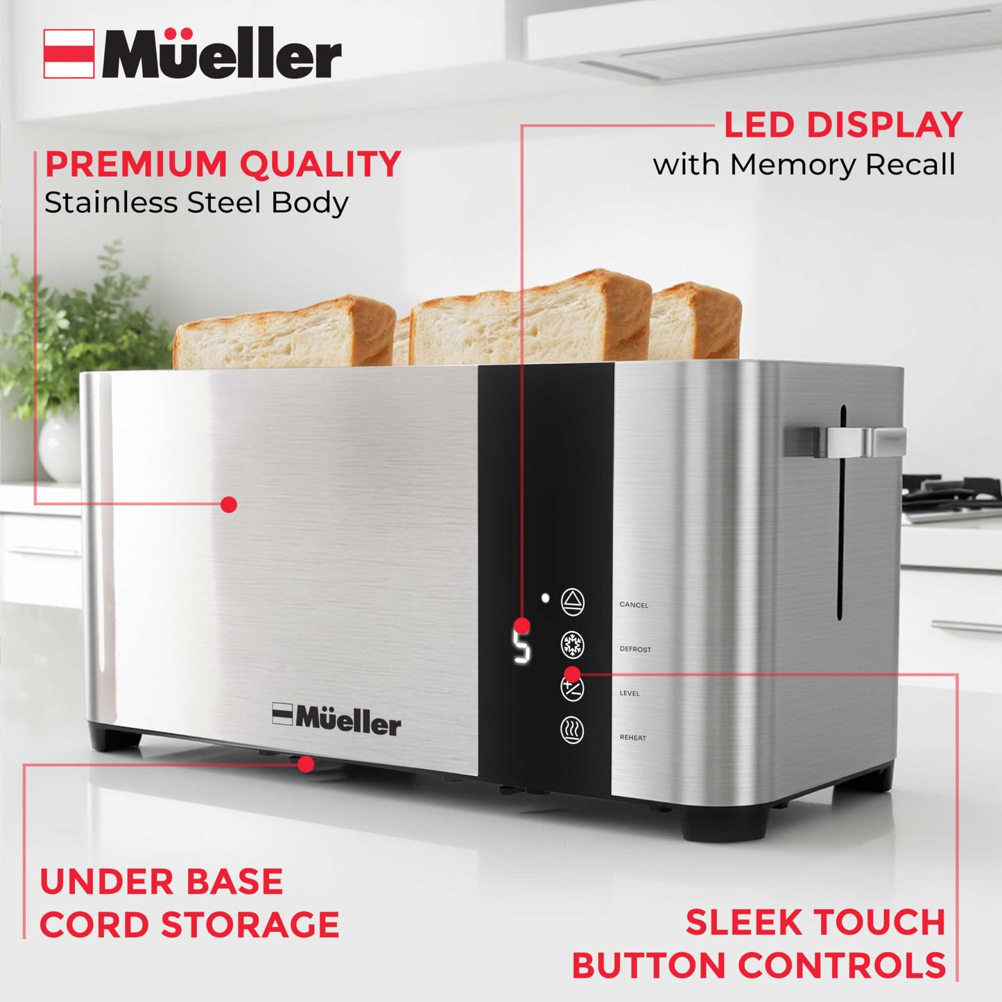 Mueller UltraToast Full Stainless Steel Toaster 4 Slice, Long Extra-Wide Slots for Bagels and Waffles, 6 Browning Levels, LED Display, Cancel/Defrost/Reheat Functions & Removable Tray, Kitchen Gadgets