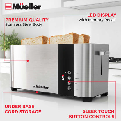 Mueller UltraToast Full Stainless Steel Toaster 4 Slice, Long Extra-Wide Slots for Bagels and Waffles, 6 Browning Levels, LED Display, Cancel/Defrost/Reheat Functions & Removable Tray, Kitchen Gadgets