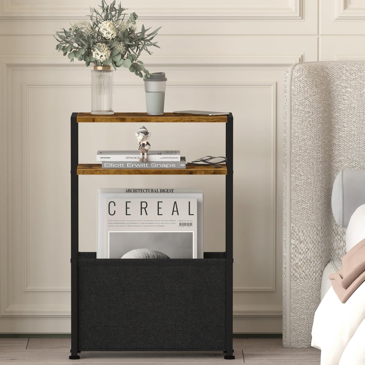 Leomonio Narrow Side Table, Slim End Tables with Fabric Basket, Skinny Table for Small Spaces, Thin Bedside Table for Living Room, Bedroom