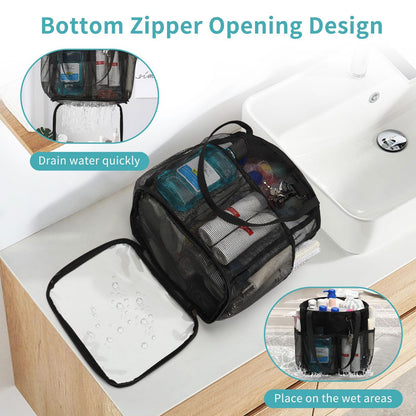 Mesh Shower Caddy Portable for College Dorm Room Essentials, Shower Tote Bag with Hanging Hook and Drawstring, Quick Dry Toiletry Bag with 6 Pockets for Bathroom, Swimming, Gym, Camping, Beach, Travel