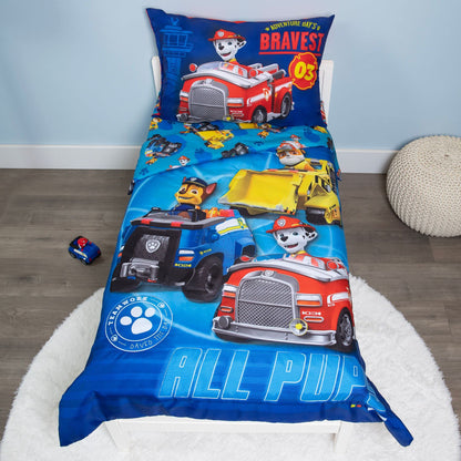 Paw Patrol Calling All Pups 4 Piece Toddler Bedding Set – Includes Comforter, Sheet Set – Fitted + Top Sheet + Reversible Pillowcase for Boys Bed, Blue
