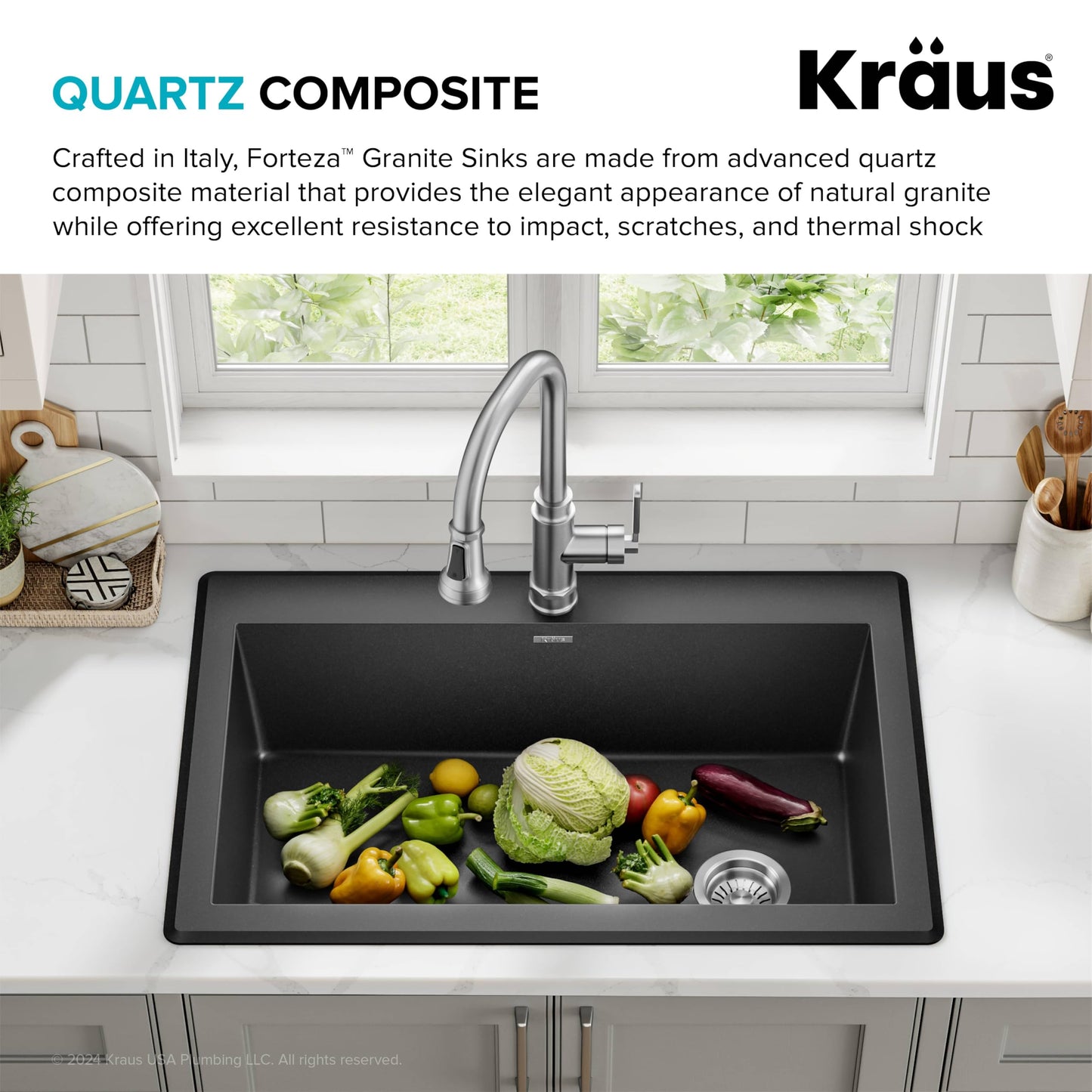 KRAUS Forteza 33-inch Drop In/Undermount Single Bowl Granite Kitchen Sink in Black, KGD-54BLACK