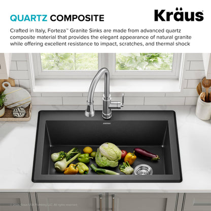 KRAUS Forteza 33-inch Drop In/Undermount Single Bowl Granite Kitchen Sink in Black, KGD-54BLACK
