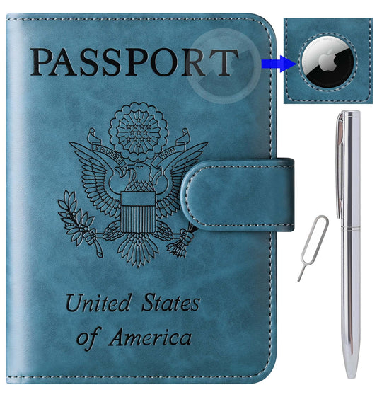 Airtag Passport Holder Cover Wallet Travel Essentials Leather Rfid Blocking Case Vacation Luggage Must Haves Travel Accessories for Men Women (117#Blue)