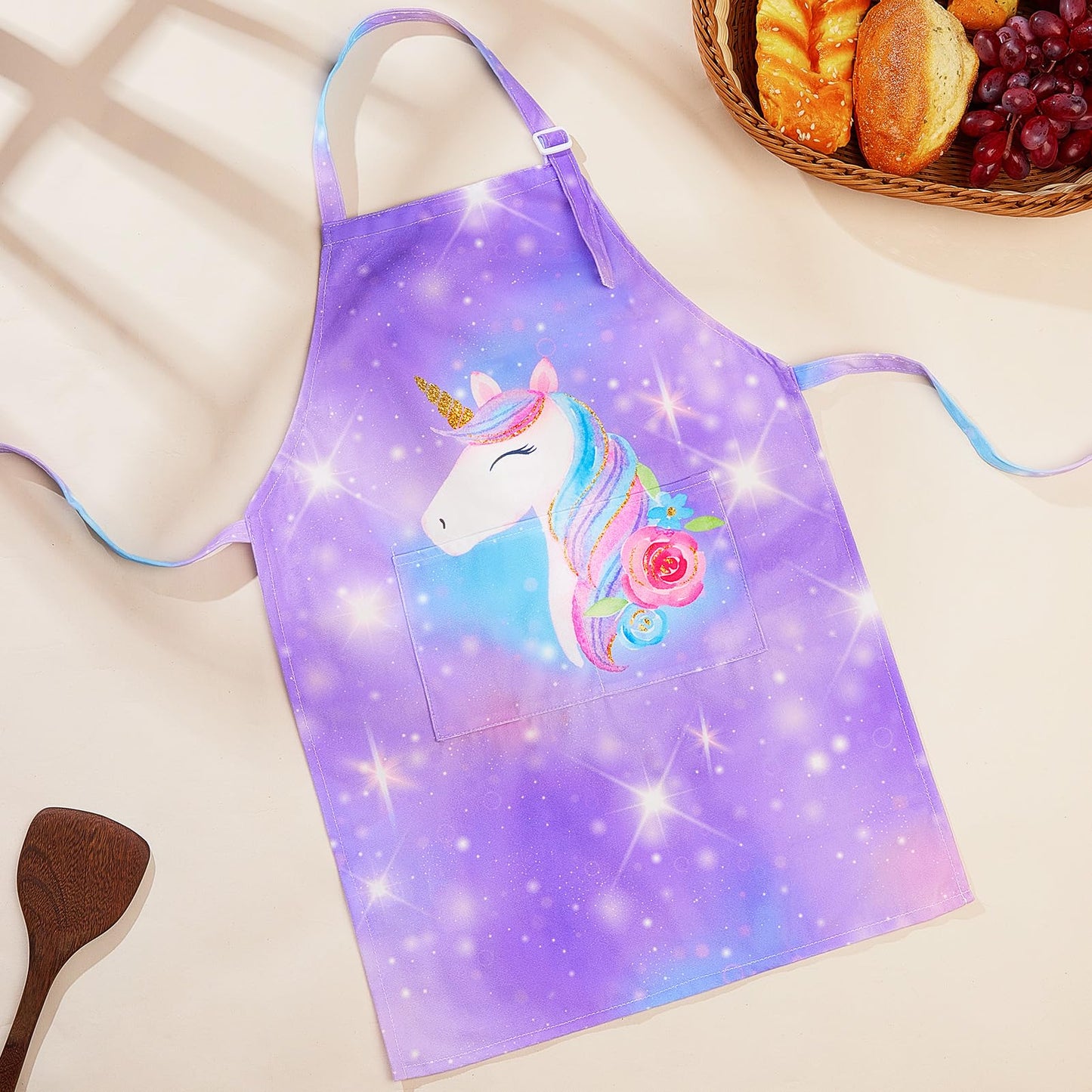 MHJY Kids Apron and Chef Hat Set, Child Aprons for Cooking Baking Painting Cute Toddler Girls Apron with Pockets 3-12 Years