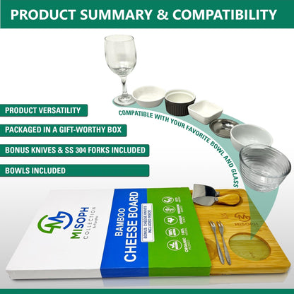 PandPal Bamboo Cheese Board with Knife, Bowl, Fork Set, Wood Charcuterie Platter & Food Serving Tray for Wine Glasses, Misoph Collection