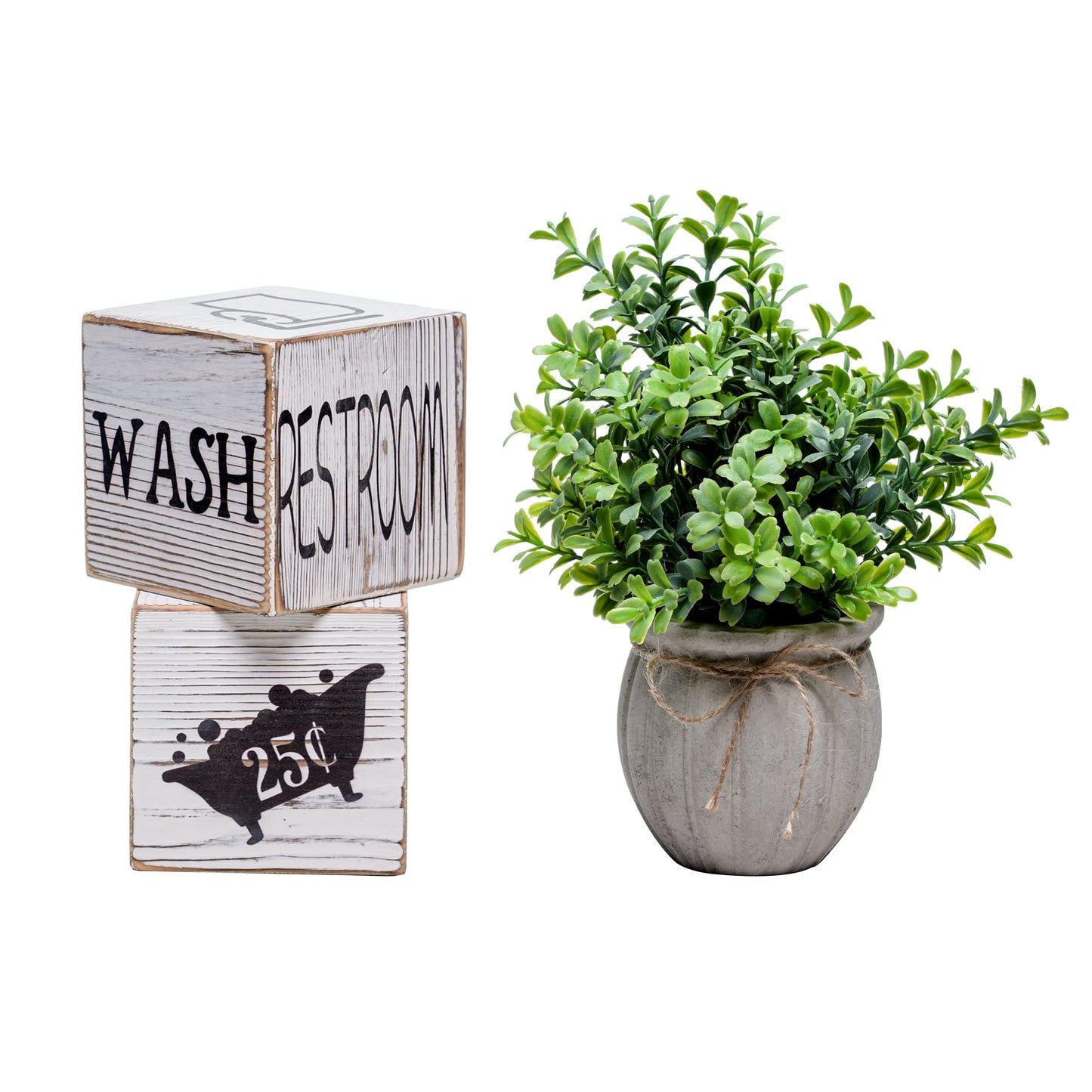 Farmhouse Block Decoration Four-Sided Funny Signs Modern Rustic Decor, Wooden Cute Guest Art Home Decorations Restroom Sign For Bathroom (Block + Plant)