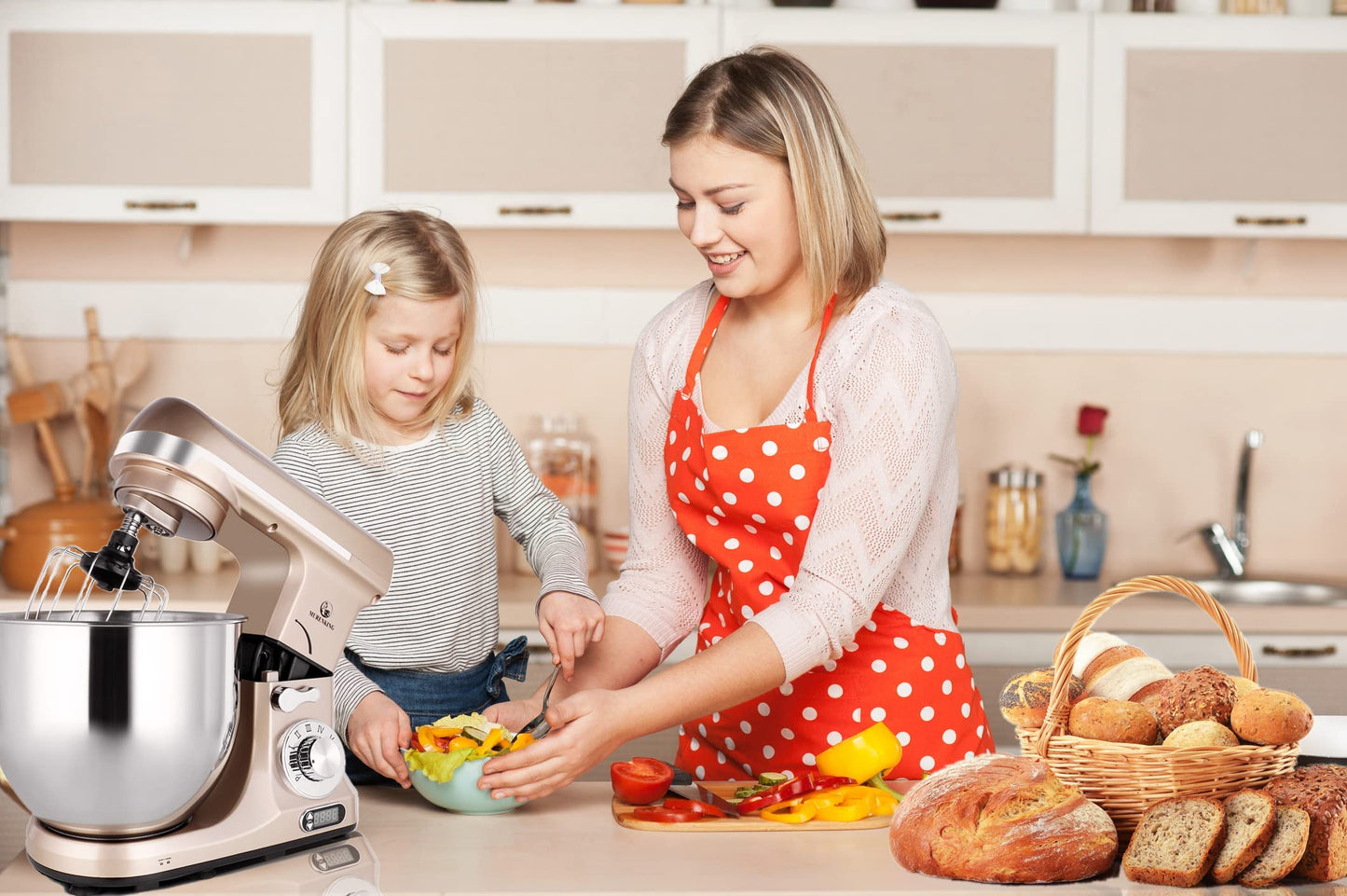 MURENKING Professional Stand Mixer, 6-Qt with Timer, MK37 500W 6-Speed Tilt-Head Food Electric Mixer Kitchen Machine,Plastic (Champagne)