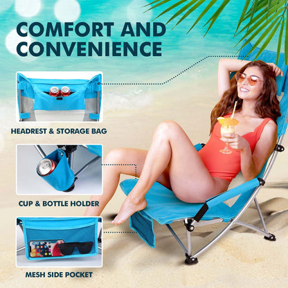 High Back Folding Beach Chair: 2 Pack Packable Lightweight Chairs Comfortable Foldable High Low Profile Sand Chair Set with Cup Holder for Adult Outdoor Concerts Lawn Camp Picnic