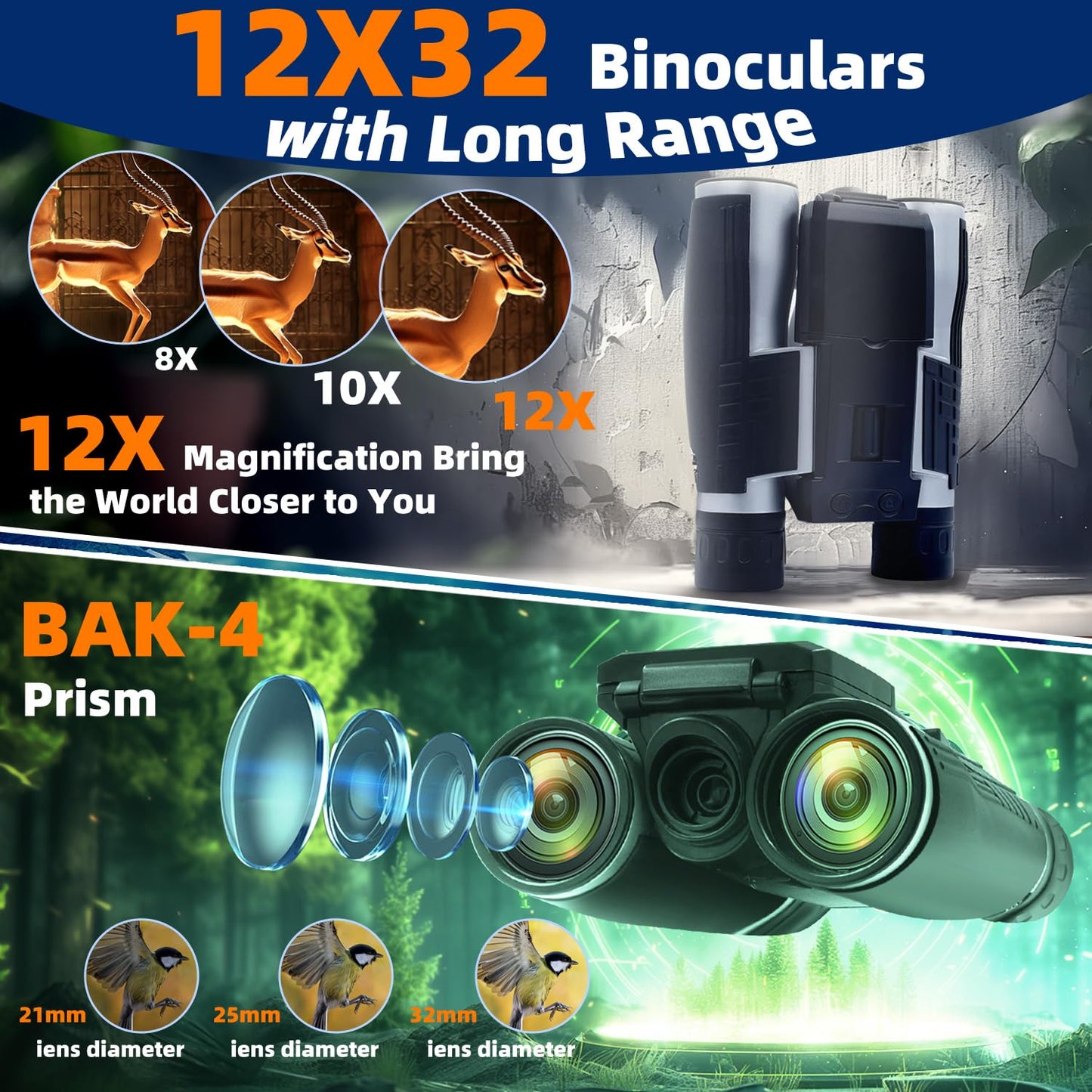 12x32 Binoculars for Adults, Digital Binoculars with Camera 5MP Photo Full HD Video 2" LCD Display Screen with 32GB Micro SD Card for Bird Watching Hunting Football Concerts Theatre (Silver)