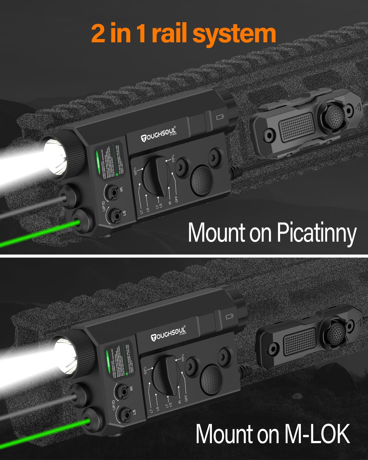 Mlok and Picatinny Mounted Tactical Flashlight Green Laser Infrared(IR) Laser 3 in 1 Combo, 1200 Lumen Light with Remote Pressure Switch for Rifle