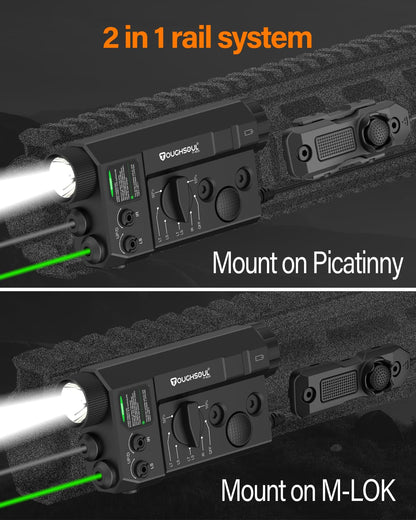 Mlok and Picatinny Mounted Tactical Flashlight Green Laser Infrared(IR) Laser 3 in 1 Combo, 1200 Lumen Light with Remote Pressure Switch for Rifle