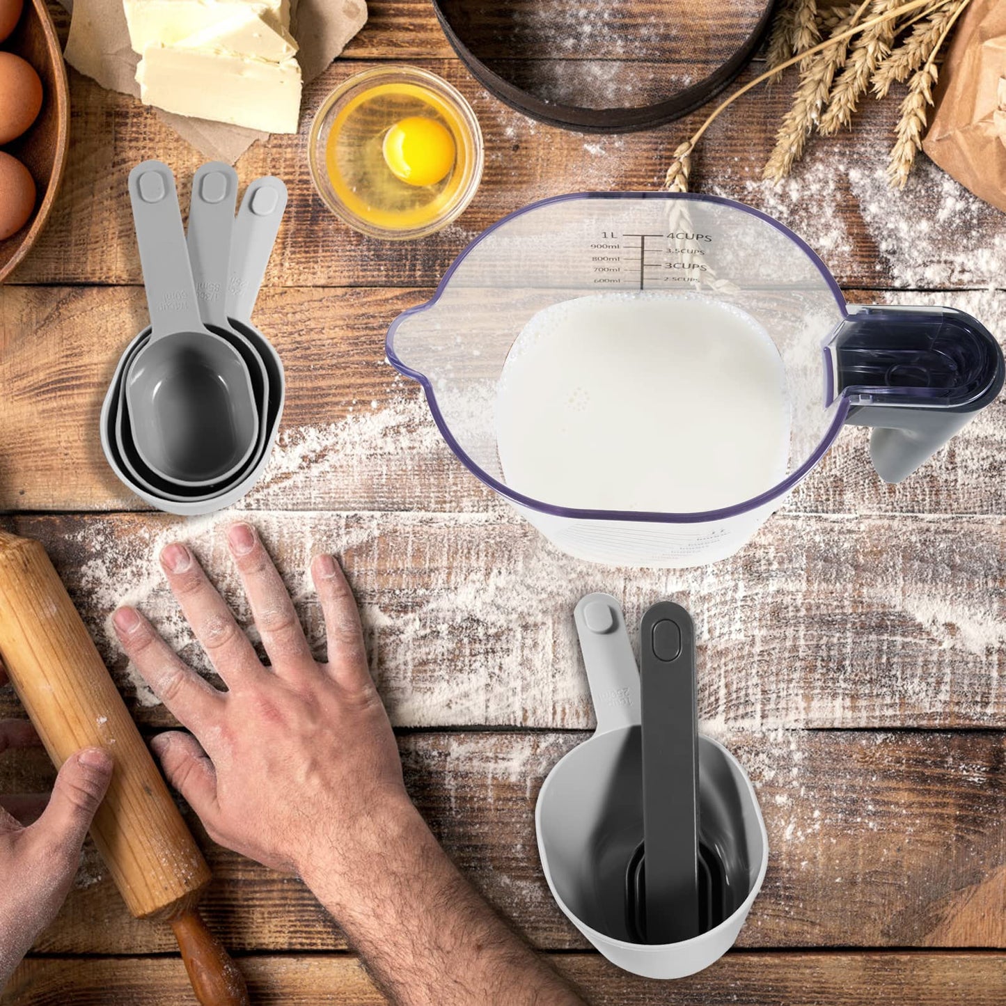 Recogwood Measuring Cups and Spoons set 10 Pieces, Stackable Measuring Cup with Lid, Kitchen Cooking Baking Measuring Spoons Set for Liquid and Dry, BPA Free, Dishwasher Safe