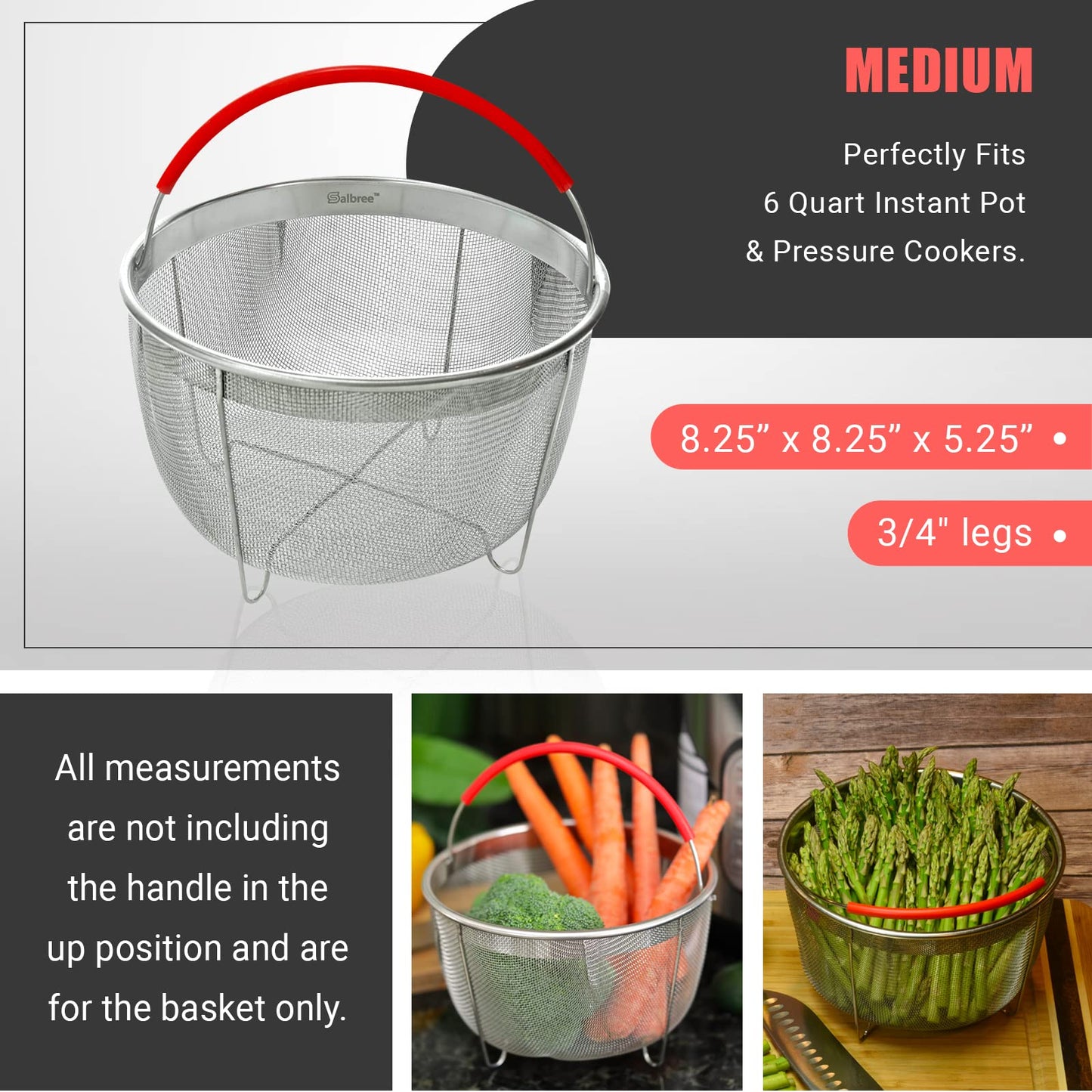 Original Salbree Steamer Basket for 6 qt quart Instant Pot Accessories, Stainless Steel Strainer and Insert fits IP Insta Pots, Instapot, Other Pressure Cookers, with Silicone Handle [3qt 8qt avail]
