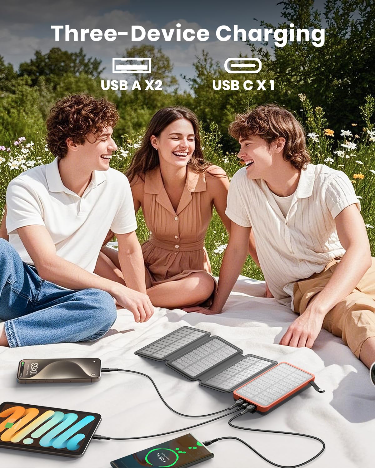 Hiluckey Solar Charger 25000mAh, Outdoor USB C Portable Power Bank with 4 Solar Panels, 3A Fast Charge External Battery Pack with 3 USB Outputs Compatible with Smartphones, Tablets, etc.