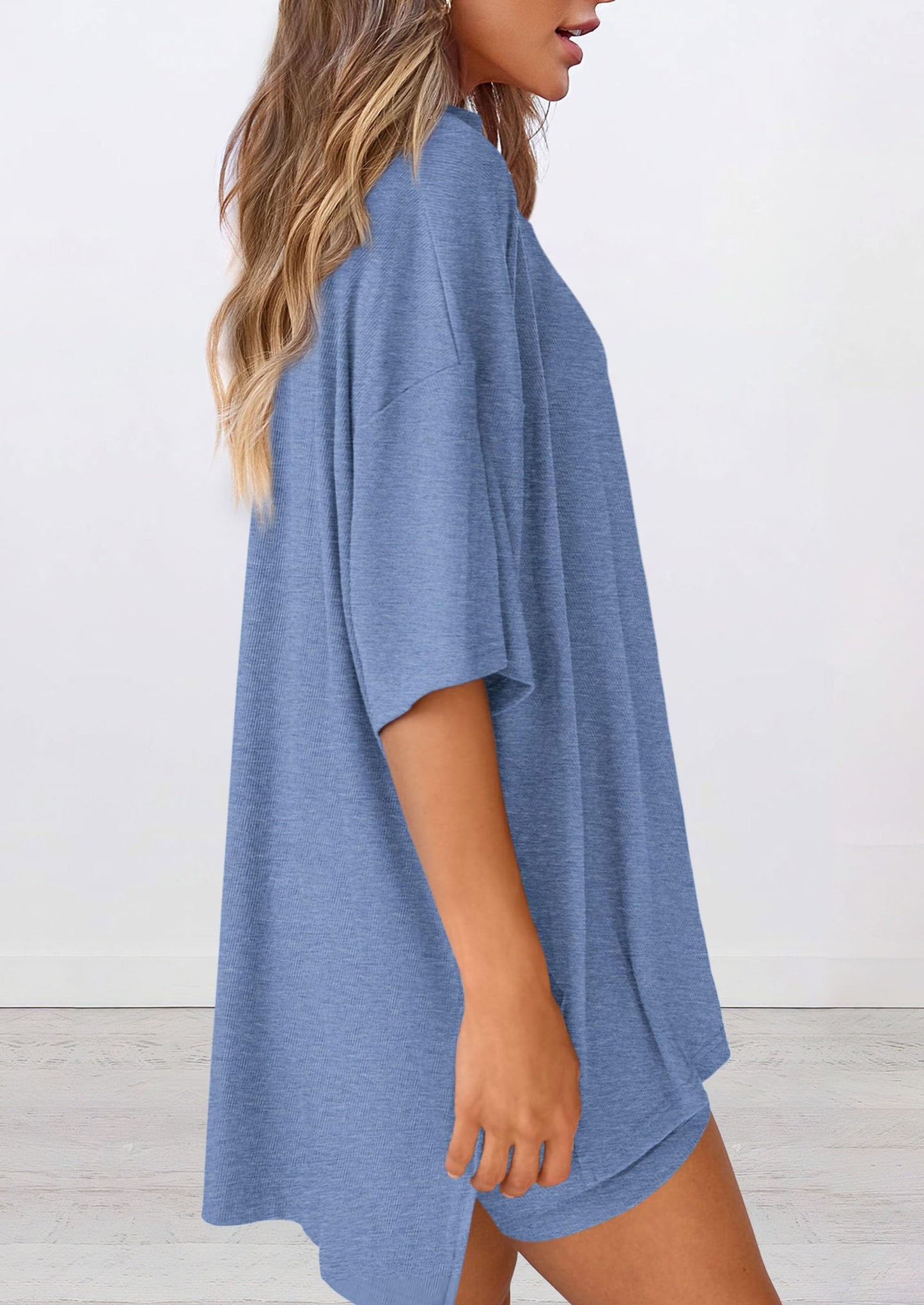 PRETTYGARDEN Women's Two Piece Lounge Set 2025 Summer Casual Oversized Shirts Biker Shorts Matching Airport Travel Outfit (Grey Blue,Small)