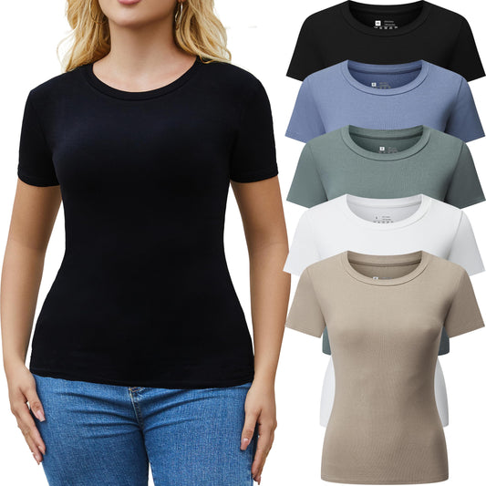 FMNNNN 3/5 Pack Crew Neck T Shirts for Women Daily Casual Womens Fitted Tshirt Basic Tops for Women Stretchy Womens Tees Clothes 2025