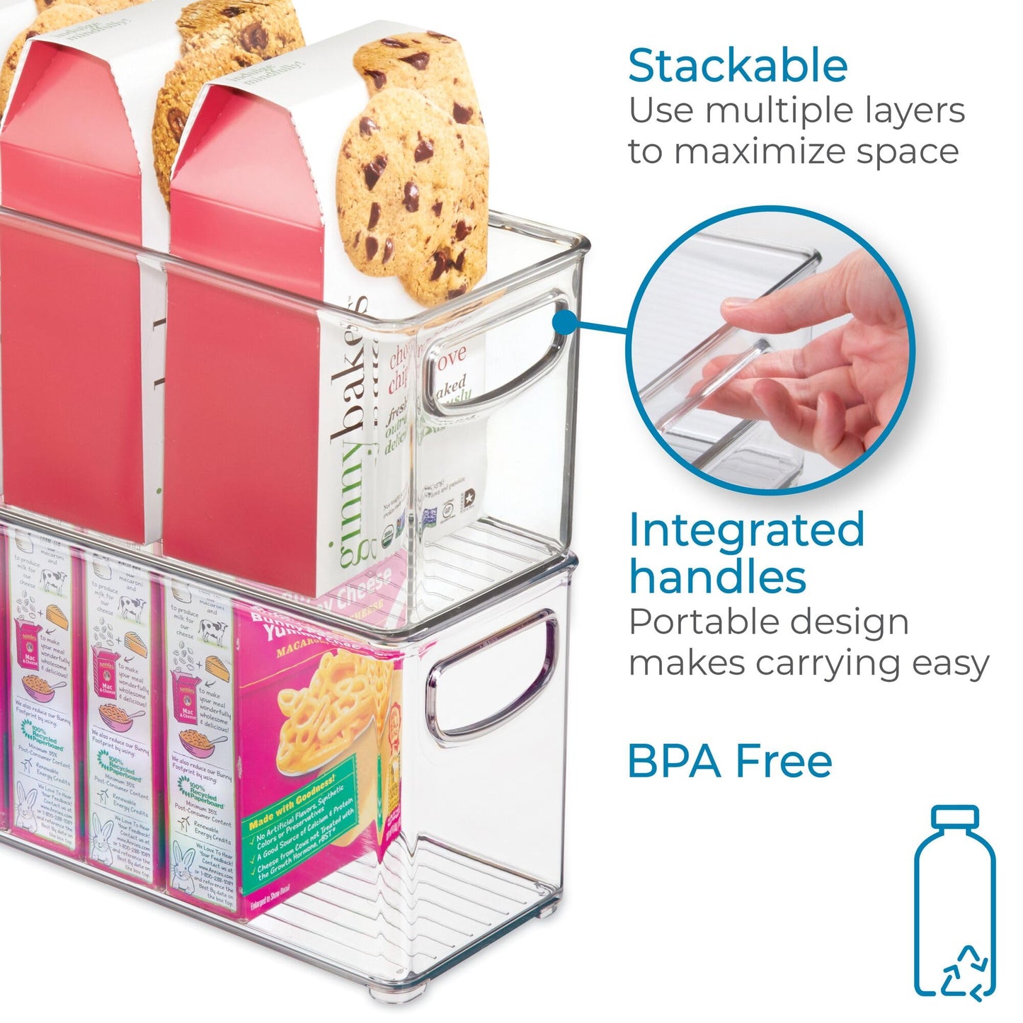 iDesign Stackable Pantry Bin with Handles for Kitchen, Fridge, or Freezer, Clear, Made in USA
