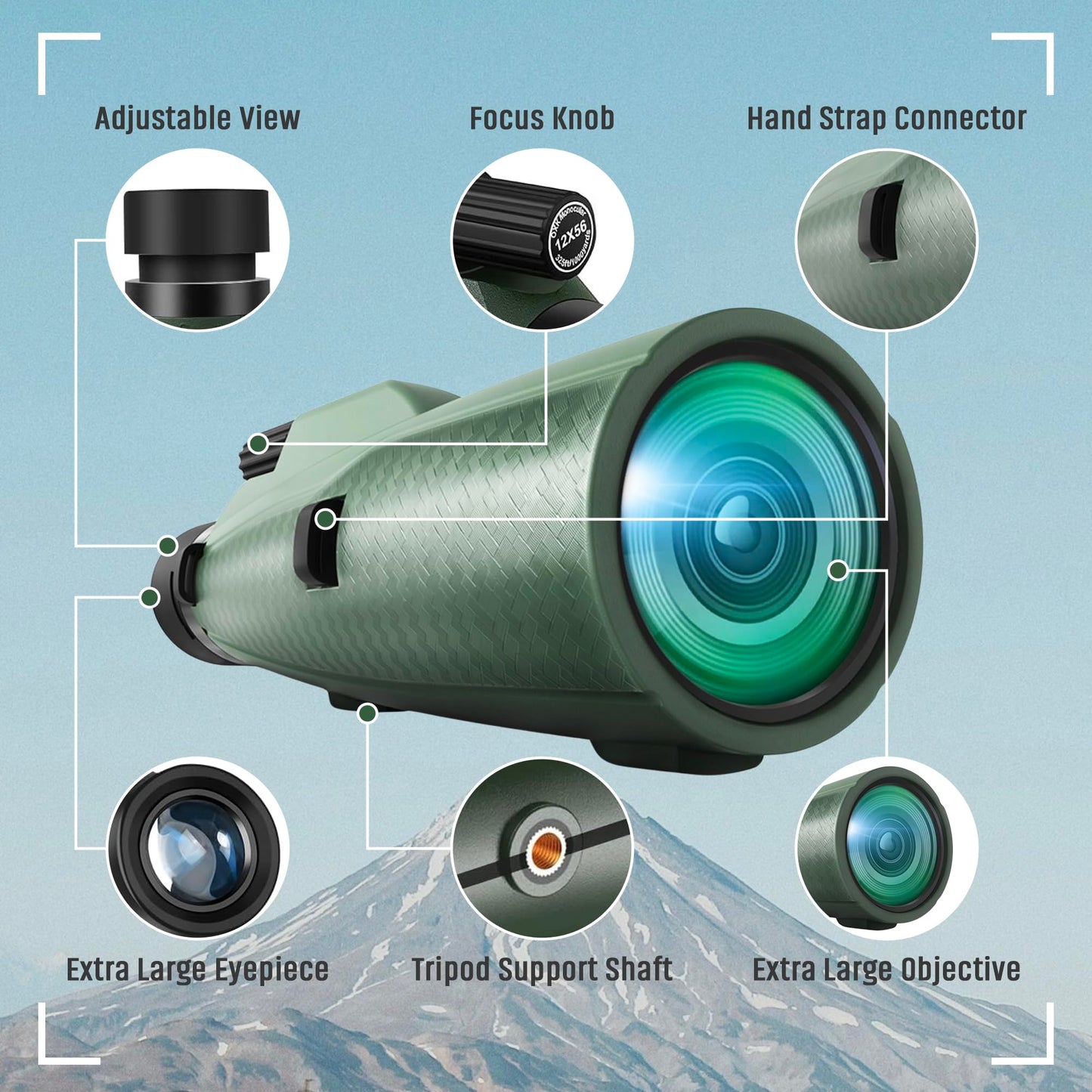 Monocular Telescope - 12x56 High Powered, Compact, Dust-Proof, Waterproof, Handheld Scope with Smartphone Adapter and Metal Tripod - Ideal for Hunting, Stargazing, Birdwatching, and Outdoor Adventures