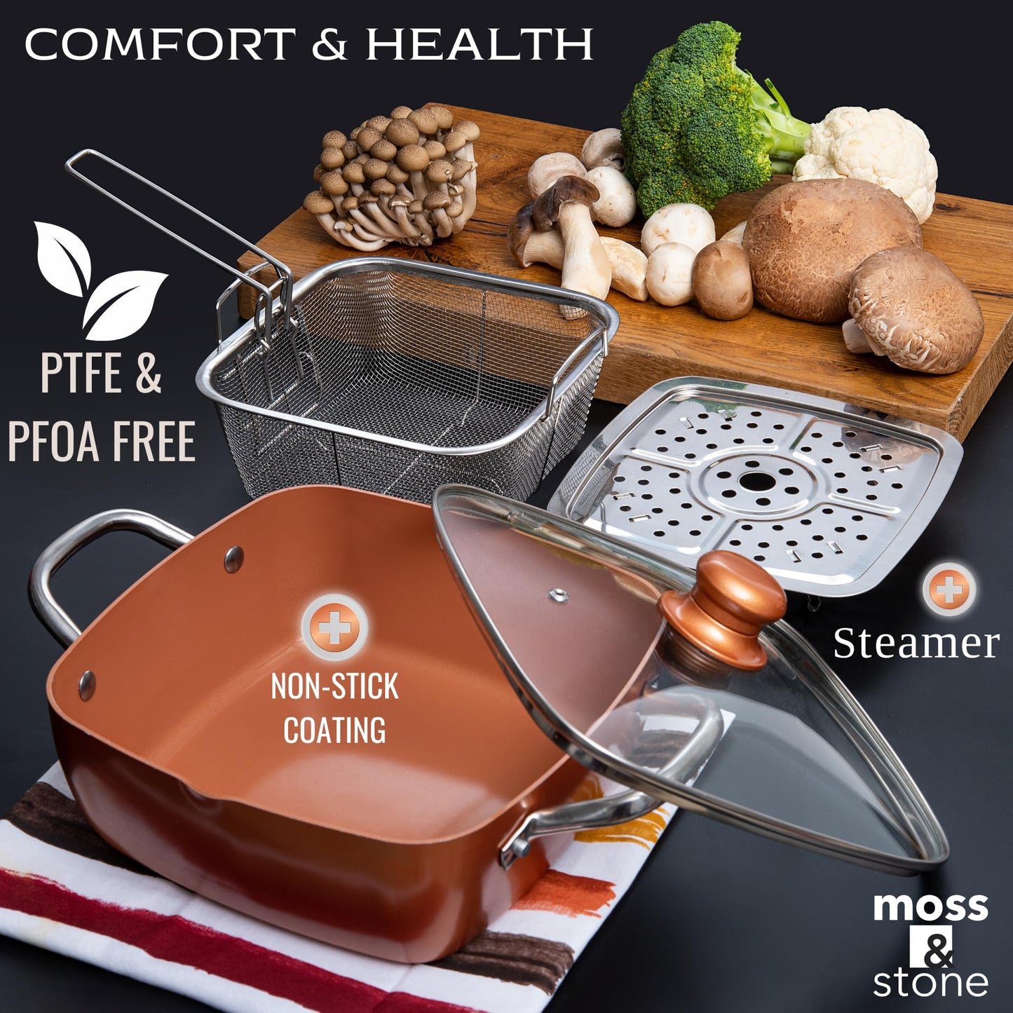 Moss & Stone 5 Pcs Copper Chef Cookware Non Stick Deep Frying Pan, Fry Basket, Steamer Rack, Dishwasher & Oven Safe, 5 Qt Deep Square Pan, Induction Copper Cookware Set - 9.5" x 3.5"