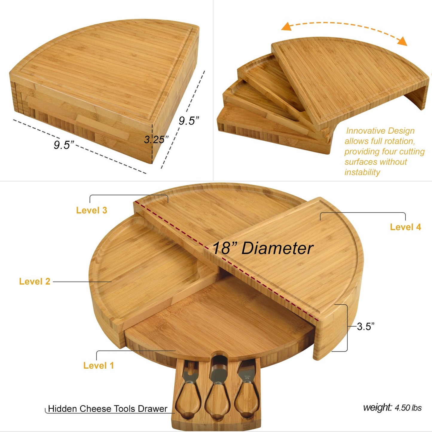 Picnic at Ascot Patented Bamboo Cheese/Charcuterie Board with Cheese Knife Set - Stores as a Compact Wedge - Opens to 18" Diameter - Designed & Quality Checked in USA