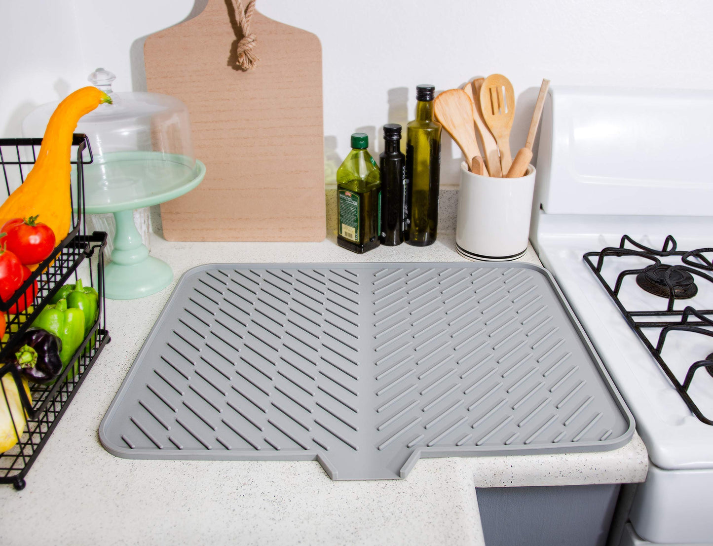 Luxet Silicone Dish Drying Mat with Built-in Drain Lip - Hygienic Drying Pad - Sturdy Compact Easy to Clean Tray Protects Surfaces Prevents Water Build Up - 23 X 17 (Grey)