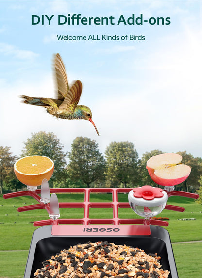 Osoeri Bird Feeder with Camera, Smart AI Identify Wild Bird Feeders Camera, 1080P Auto Capture Bird's Video & Motion Detection, with DIY Add-ons & Hummingbird Feeder, Gifts for Bird Lover (Red Black)