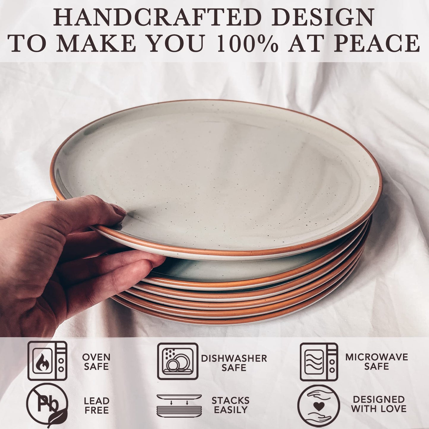 Mora Ceramic Dinner Plates Set of 6, 10 inch Dish Set - Microwave, Oven, and Dishwasher Safe, Scratch Resistant, Modern Rustic Dinnerware- Kitchen Porcelain Serving Dishes - Earl Grey