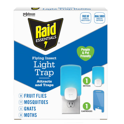 Raid Essentials Flying Insect Light Trap Starter Kit, 1 Plug-In Device + 1 Cartridge, Featuring Light Powered Attraction