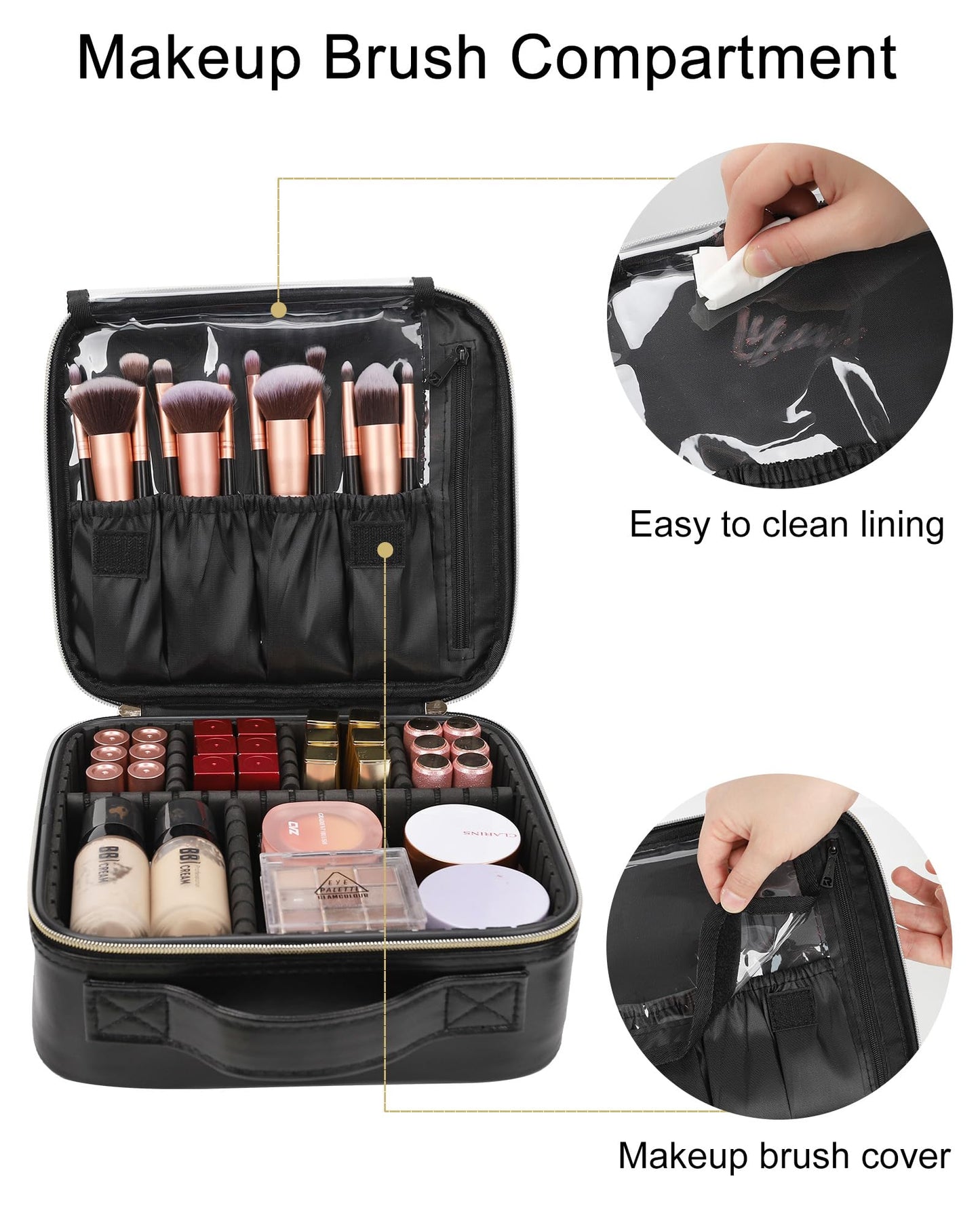 Relavel Makeup Bag, Travel Cosmetic Train Case Organizer Portable Artist Storage Bag with Adjustable Dividers for Cosmetics Makeup Brushes Toiletry Jewelry Digital Accessories Quilted Leather Black