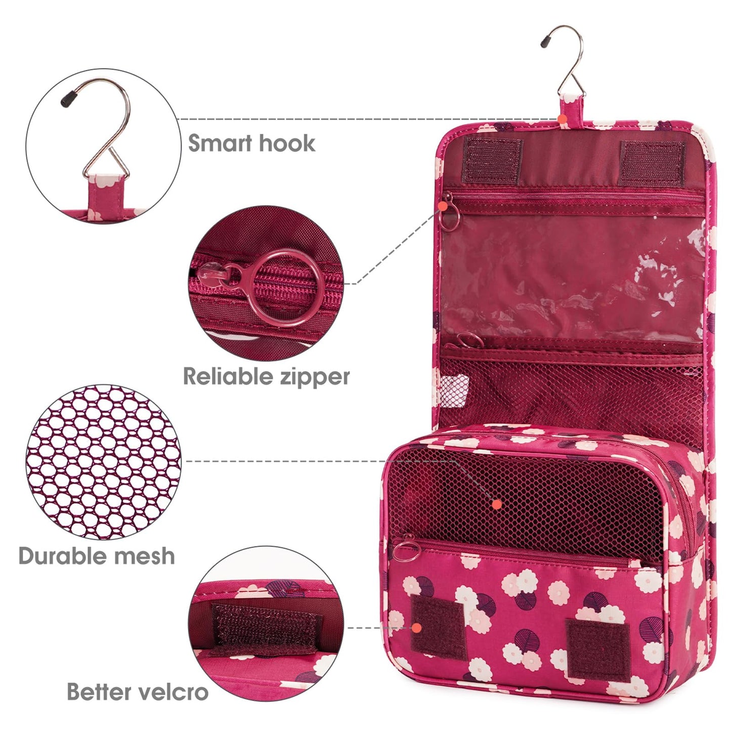 Narwey Hanging Toiletry Bag for Women Travel Makeup Bag Organizer Toiletries Bag for Travel Size Cosmetics Essentials Accessories (Red Flower)