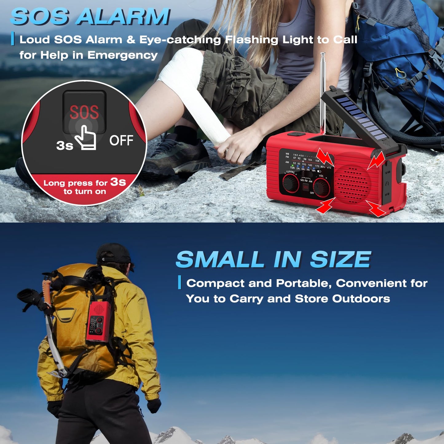 NITIGO Emergency Weather Radio, 4000mAh NOAA Weather Alert Radio Solar Charging, Hand Crank & USB Charged, AM/FM with LED Flashlight, Reading Lamp, SOS Alarm, Headphone Jack for Outdoor Indoor