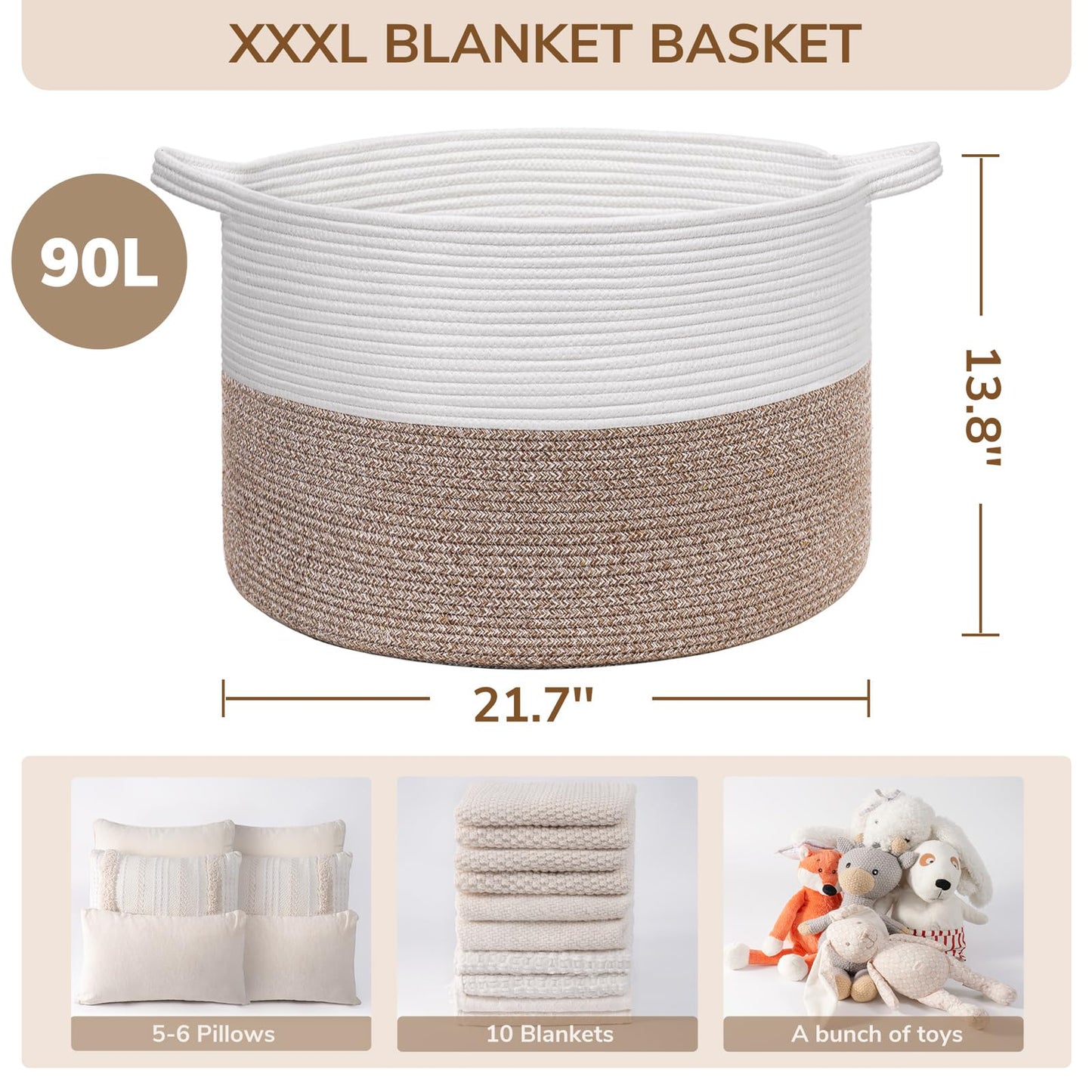 INDRESSME XXXLarge Cotton Rope Basket 21.7" x 21.7" x 13.8" Woven Baby Laundry Blanket Basket Toy Baskets with Handle Storage Comforter Cushions Thread Laundry Hamper Home Decor Living Room