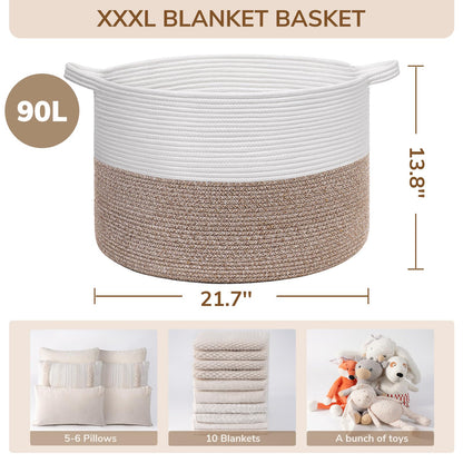 INDRESSME XXXLarge Cotton Rope Basket 21.7" x 21.7" x 13.8" Woven Baby Laundry Blanket Basket Toy Baskets with Handle Storage Comforter Cushions Thread Laundry Hamper Home Decor Living Room