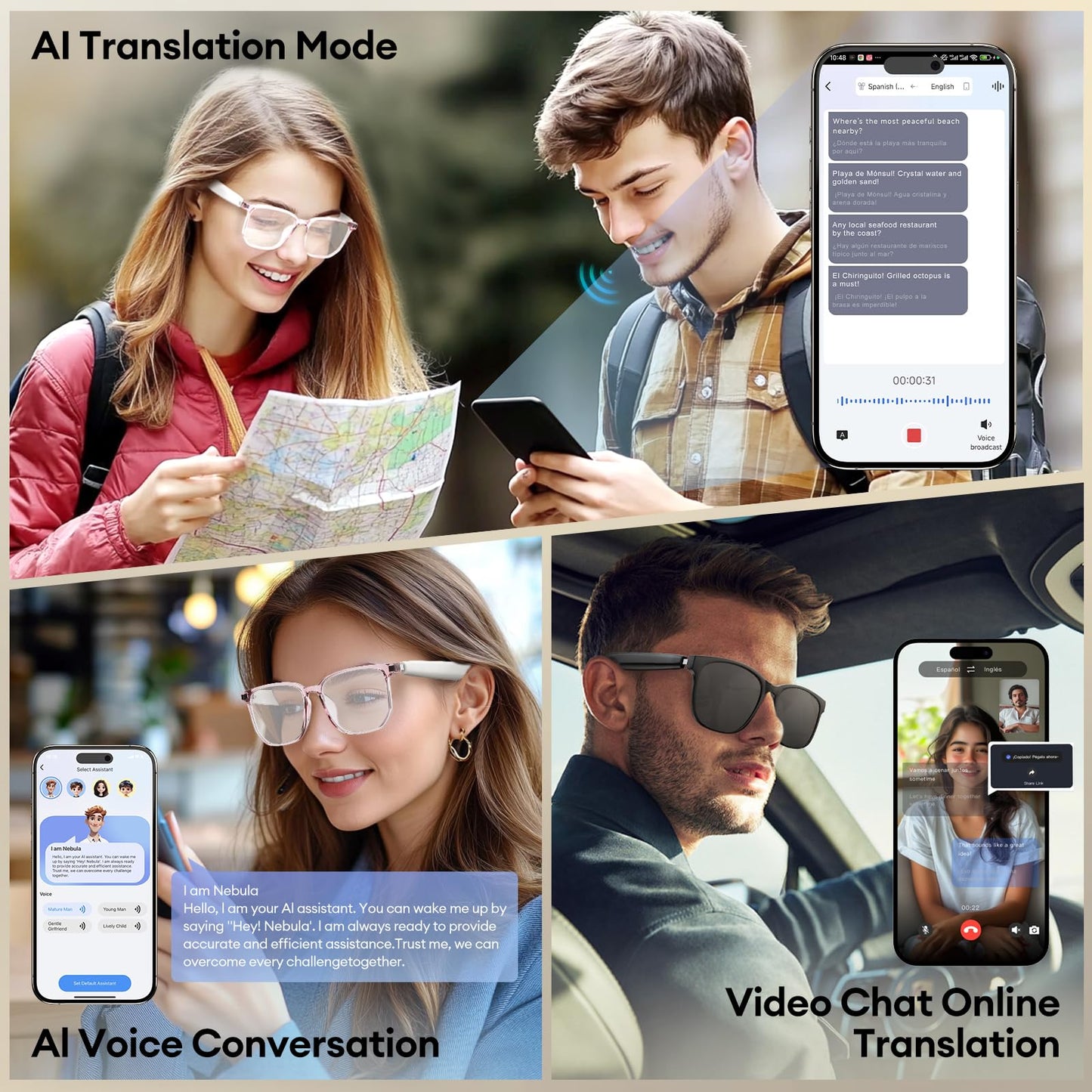 AI Smart Glasses, Bluetooth 5.4 Translation Glasses with 144 Language & Accents, Blue Light Filtering Lenses, Multifunctional Smart Glasses for Men Women, Travel Meeting Trade Business HY-C8 Black