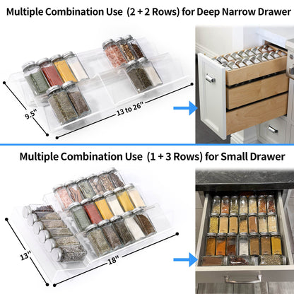 MIUKAA Clear Acrylic Spice Drawer Organizer, 4 Tier- 2 Set Expandable From 13" to 26" Drawer Seasoning Organizer, Kitchen Spice Rack Tray for Drawer/Countertop (Jars not included)
