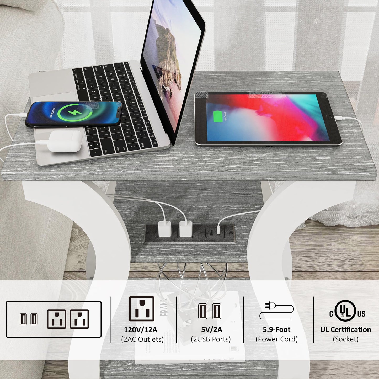 FROMJBEST End Tables Living Room, Grey End Table with Charging Station, Grey Side Table, Nightstand for Bedroom, 3 Tier End Table with Storage Shelf for Living Room