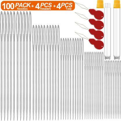 100 Pack Premium Large Eye Needles for Hand Sewing with 4 Needle Threaders, Assorted Sizes, Embroidery Needles for Hand Sewing, Sewing Needles Large Eye, Big Eye Needle