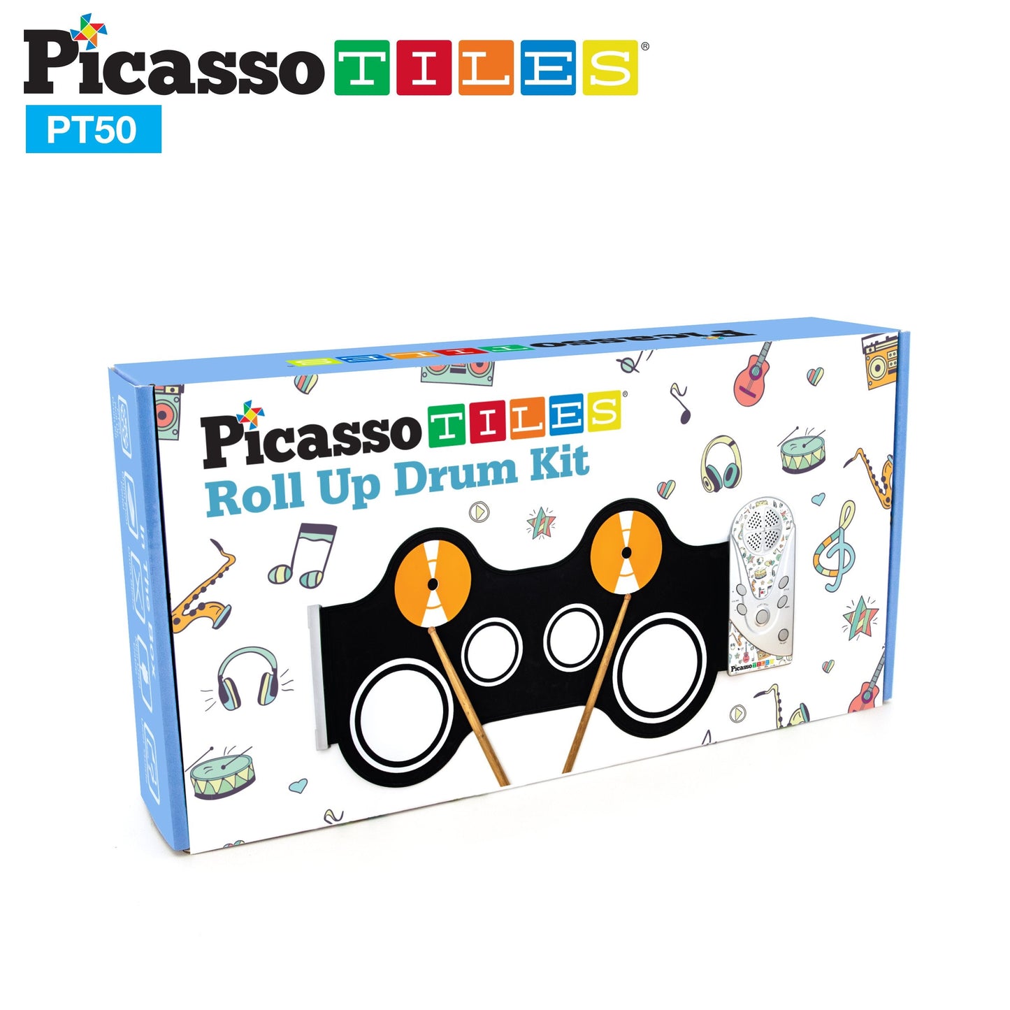 PicassoTiles Portable Roll-Up Electronic Drum Set for Kids 7 Drum Pads with Built-in Speaker Headphone Jack Recording Function Educational Demo Songs Fun Musical Toy for Boys and Girls Ages 3+ PT50