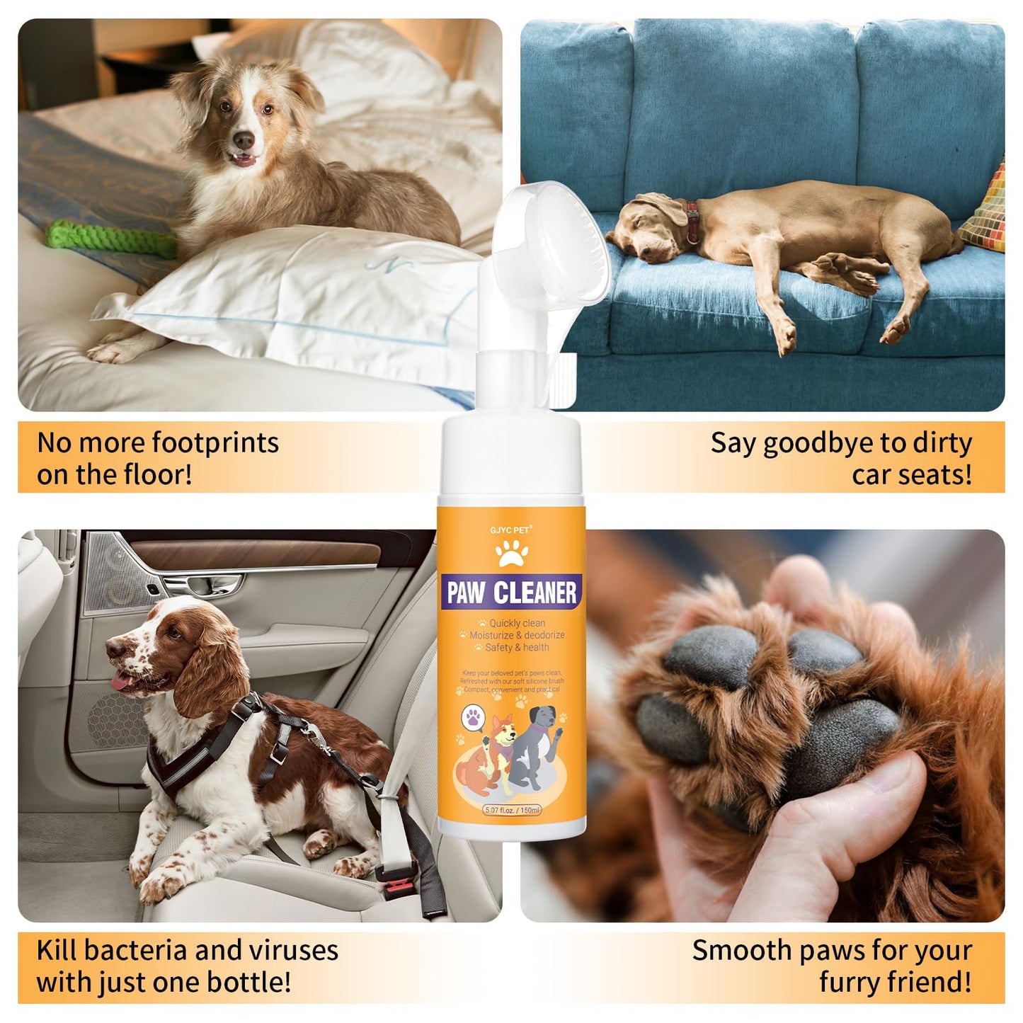 Paw Cleaner for Dogs & Cats, No-Rinse Foaming Pet Foot Washer with Built-in Scrubber Brush for Dirty, Muddy Paws – Suitable for Small, Medium & Large Dogs, Puppies, Kittens (5 fl oz)