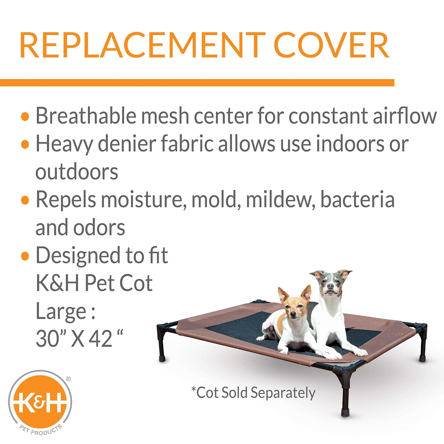 K&H Pet Products Dog Cot Replacement Cover, Designed to fit K&H Large Pet Cots (Sold Separately), Indoor Outdoor, Breathable Cooling Mesh Center, Machine Washable - Large 42 X 30in Chocolate