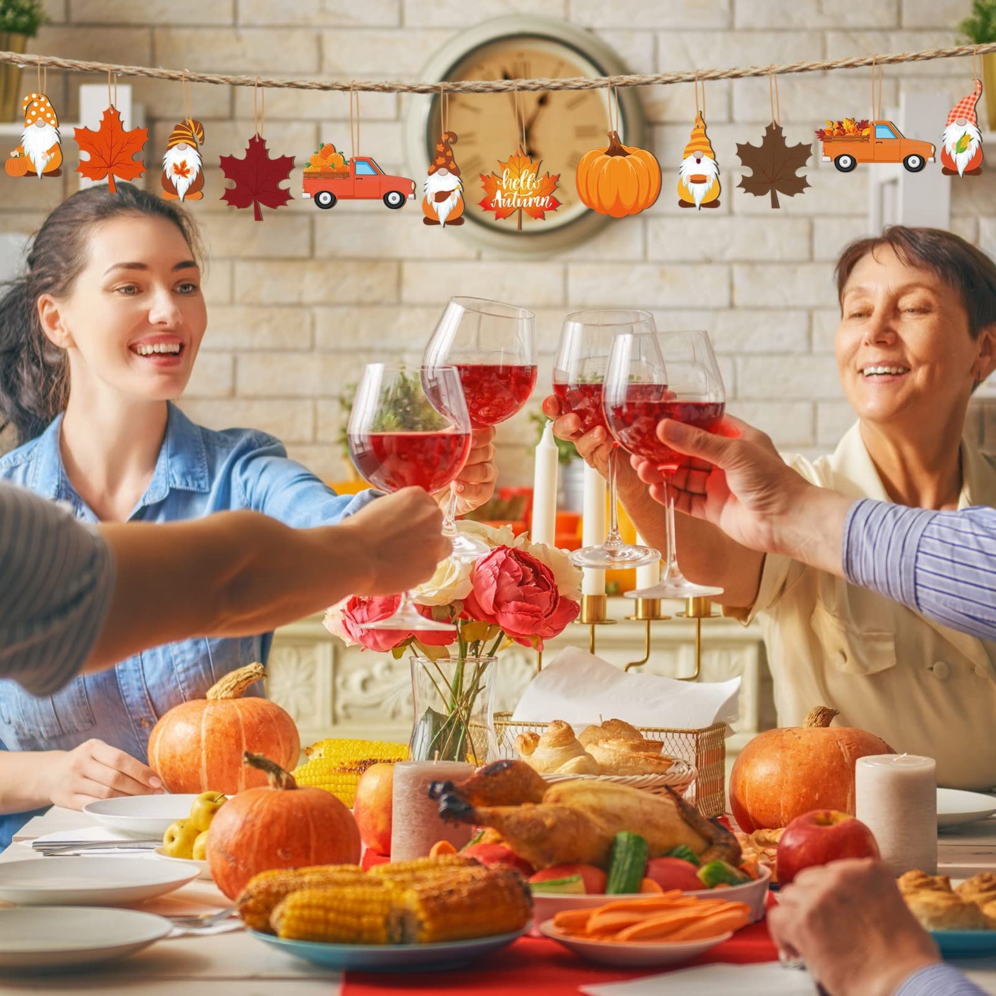 36 Pcs Thanksgiving Ornaments - Fall Tree Decorations with Autumn Pumpkin Gnome Leaf Cutouts, Hanging Ornaments, Wooden Craft Ornaments with Rope for Home (Autumn Style)