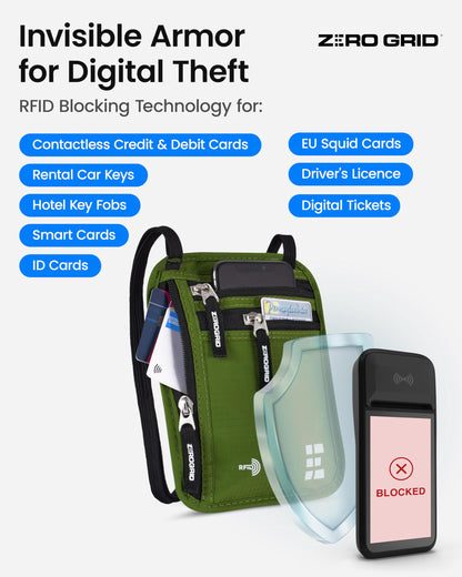 Neck Wallet for Travel & Passport Holder with RFID Blocking - Slim & Easy to Conceal Nylon Travel Pouch for men & women - Holds Phone, Cash, Cards, Keys - Sweat & Water Resistant - Large - Forest