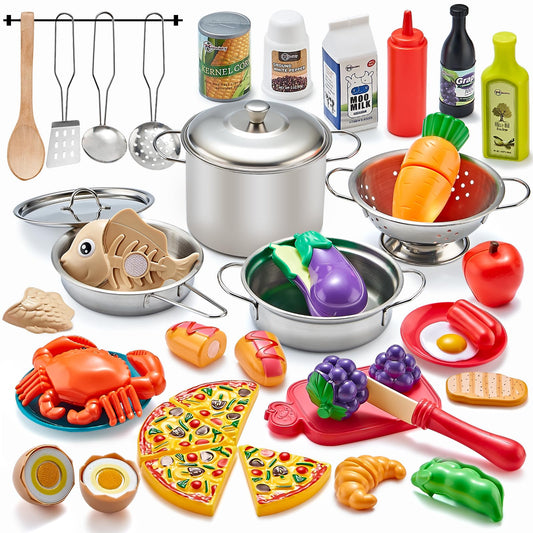 Kidsciety Pretend Play Accessories - 52pc Kids Kitchen Playset with Play Food, Stainless Steel Cookware, Toys Pots and Pans, Toddler Kitchen Set with Cuttable Toy Food - Boys and Girls Gift