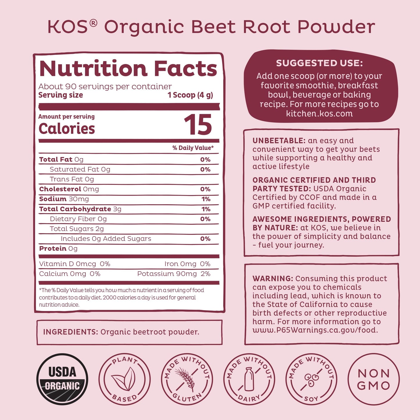 KOS Organic Beet Root Powder - USDA Certified, Non-GMO, Gluten & Soy Free - 90 Servings
