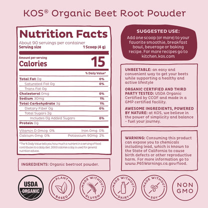 KOS Organic Beet Root Powder - USDA Certified, Non-GMO, Gluten & Soy Free - 90 Servings